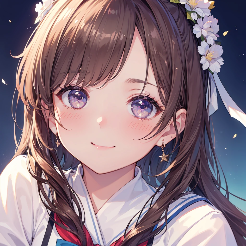 ((Best Quality、8K、masterpiece))、((One girl))、((cute))、A big smile、Blushing、Mouth open、Brown Hair、ponytail、Ultra detailed face、Ultra-detailed eyes、Ultra detailed hair、Sailor suit、hydrangea