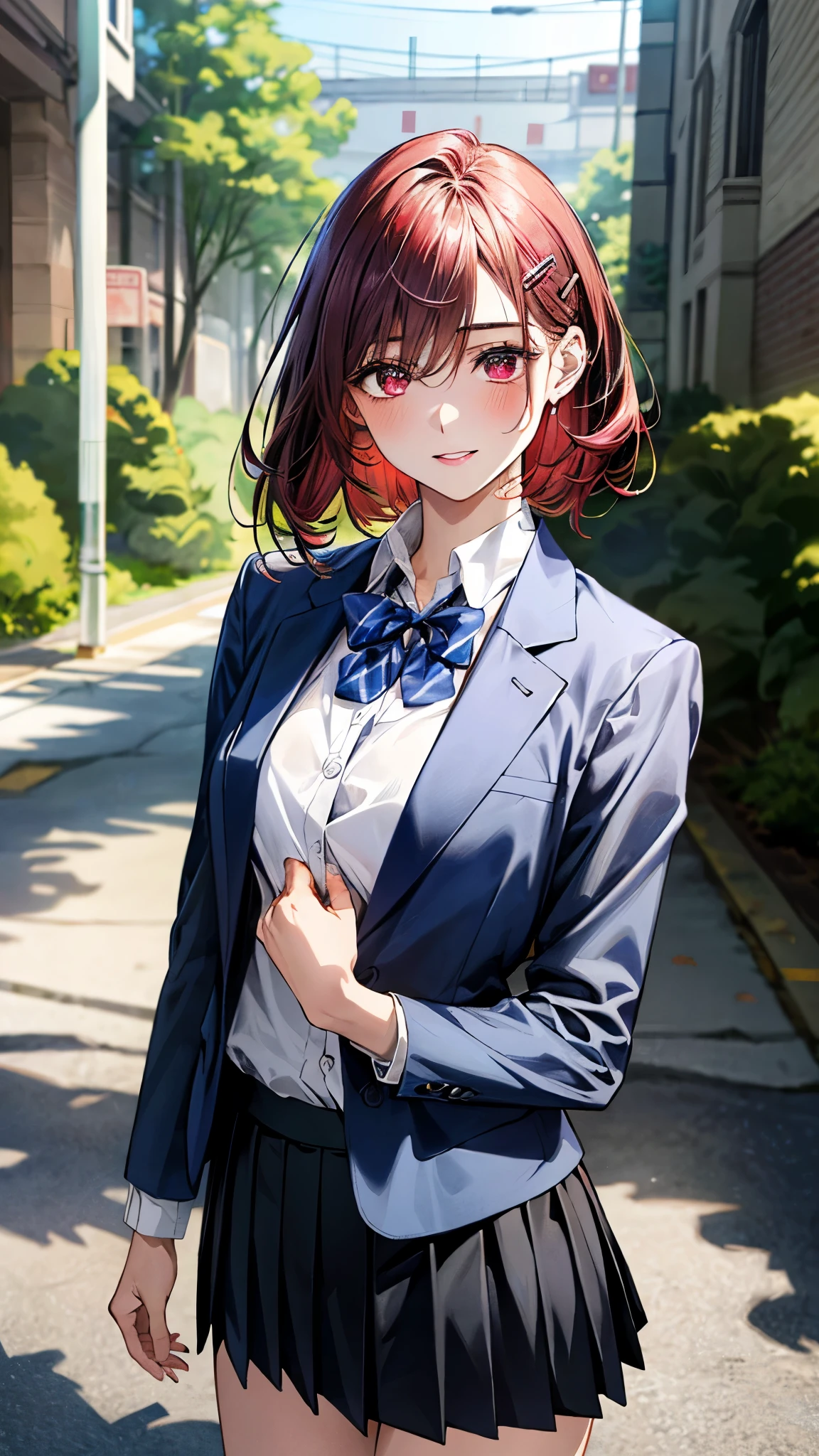 (masterpiece:1.3, top-quality, ultra high res, ultra detailed), (realistic, photorealistic:1.4), beautiful illustration, perfect lighting, natural lighting, colorful, depth of fields, ,
beautiful detailed hair, beautiful detailed face, beautiful detailed eyes, beautiful clavicle, beautiful body, beautiful chest, beautiful thigh, beautiful legs, beautiful fingers, shiny skin,
looking at viewer, 1 girl, high school girl, (perfect anatomy, anatomically correct, super detailed skin), cute and symmetrical face, , perfect face, perfect eyes, ,
(short hair:1.4, long bob cut, poppy red hair), hair between eyes, hairclip, maroon eyes, big eyes, long eye lasher, (medium breasts, seductive thighs), slender, skin dendation,
detailed cloth texture, (navy blazer:1.2, dark grey pleated skirt:1.2), white collared shirt, blue bow tie,
(beautiful scenery), , evening, (school hallway), standing, (lovely smile, upper eyes, parted lips),