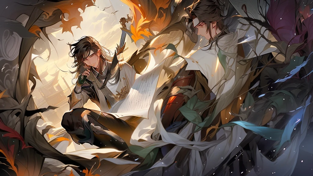 A young man holding a pen and writing sitting in a pile of messy scrolls, wearing Han clothes, in a fish palace, behind him is a window that can see the sky, league of legends, royal glory, anime, 4k, full hd, face details,