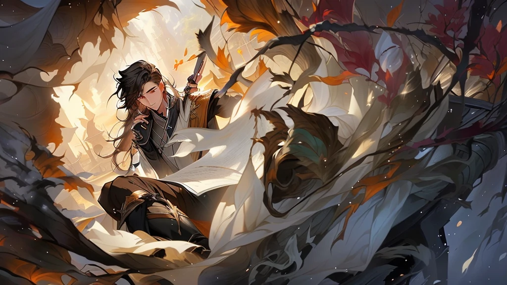 A young man holding a pen and writing sitting in a pile of messy scrolls, wearing Han clothes, in a fish palace, behind him is a window that can see the sky, league of legends, royal glory, anime, 4k, full hd, face details,