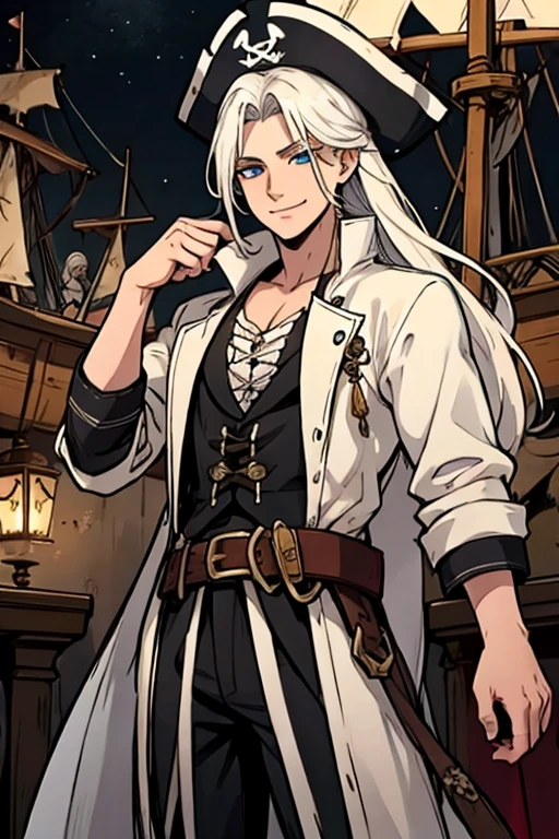 A young white haired man with blue eyes and long hair in a pirate's outfit is exploring a pirate city with a big smile at night