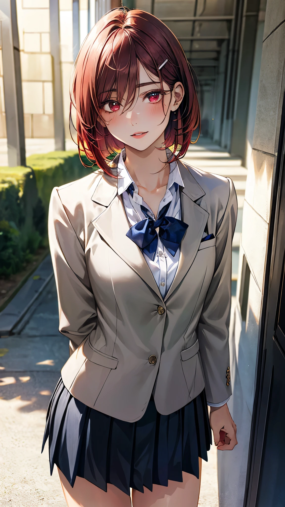 (masterpiece:1.3, top-quality, ultra high res, ultra detailed), (realistic, photorealistic:1.4), beautiful illustration, perfect lighting, natural lighting, colorful, depth of fields, ,
beautiful detailed hair, beautiful detailed face, beautiful detailed eyes, beautiful clavicle, beautiful body, beautiful chest, beautiful thigh, beautiful legs, beautiful fingers, shiny skin,
looking at viewer, 1 girl, high school girl, (perfect anatomy, anatomically correct, super detailed skin), cute and symmetrical face, , perfect face, perfect eyes, ,
(short hair:1.4, long bob cut, poppy red hair), hair between eyes, hairclip, maroon eyes, big eyes, long eye lasher, (medium breasts, seductive thighs), slender, skin dendation,
detailed cloth texture, (navy blazer:1.2, dark grey pleated skirt:1.2), white collared shirt, blue bow tie,
(beautiful scenery), , evening, (school hallway), standing, (lovely smile, upper eyes, parted lips),