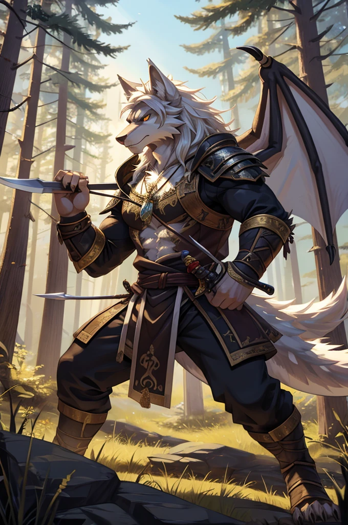 Werewolf，hairy，Pure white hair，A big white tail，Dragon-like golden eyes，Carrying two long swords，Hold a crossbow，Wolf head shaped pendant，Attack Stance，forest，serious