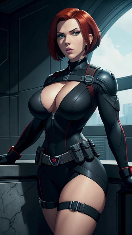 Scarlett Johansson as Black Widow, ((Masterpiece)); ((Natural Beauty)); ((Ultrarealistic green eyes)); ((Ultrarealistic fair white skin)); ((Ultrarealistic round boobs)); ((Ultrarealistic red short classic bob haircut hairstyle)); ((Ultrarealistic round Asscheeks)); ((Ultrarealistic widow bite black gloves)); ((Ultrarealistic utility belt)); black and red tactical vest; Bright Red stripe accents on the side of the suit; Short sleeve; looking at the viewer; Engaged in strategic planning, Black Widow sits with poise and focus, her tight suit showcasing her athletic physique, including the firmness of her buttocks. With a sharp mind and keen intuition, she formulates plans with precision and efficiency.