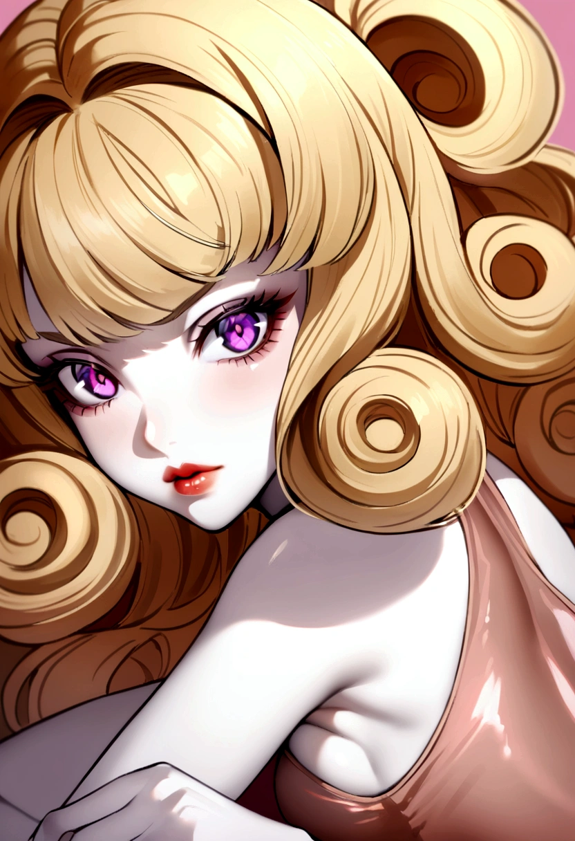 A young woman with curly blonde hair, violet eyes, pale skin, reddish lips, wearing a ballet costume, in a compromising and erotic pose
