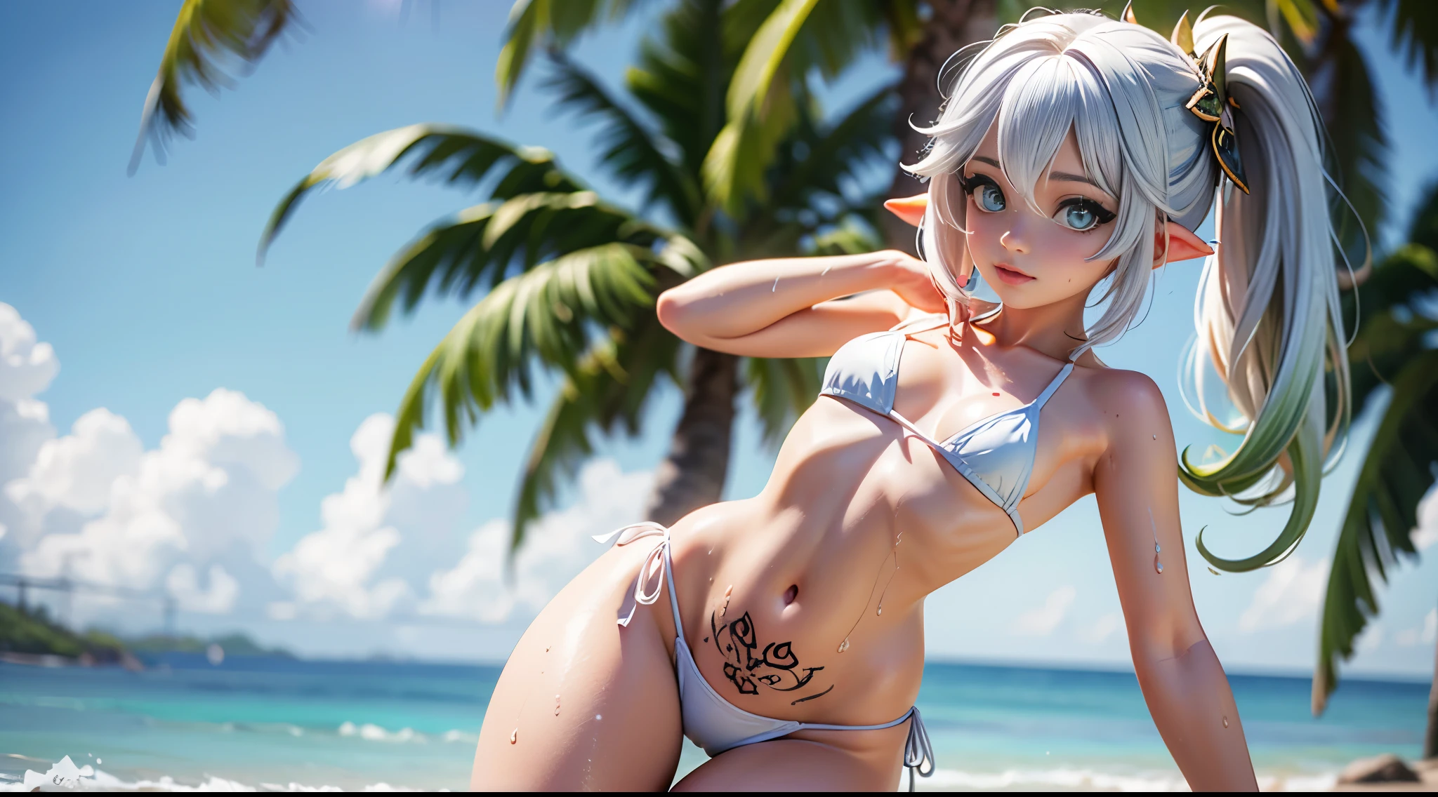 (masterpiece, best quality:1.2), intricate details, (nahida), 1 girl, (white bikini:1.2), simple bikini, hair ornament, ponytail, (black_tattoo:1.2), (white hair, lolita), (small breasts:1.2) , (wide hips, sexy:1.2) , (beach_background:1.3), (outdoor), (priestess), (blue eyes:1.2), (eye glow:1.4) , (wet:1.2), cowboy shot,