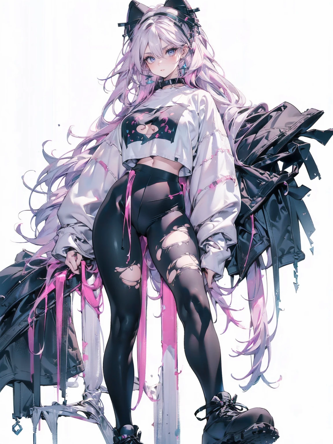 (((unique look:1.5, The eyes of famous artists, Unique Fashion)))、Pink Hair (White Hair Girl), (Thick, dark blue eyebrows:1.4), (Dark blue eyebrows:1.7), (Thick eyebrows:1.3), (Huge black fluffy animal ears:1.1), (Black animal ears:1.1), break, (((Mesh Stitching Crop T-Shirt, Cutout Long Sleeve Top))),break, (Big Breasts:1.2, Thick legs, Adult female body, Sturdy body:1.5), ((Relax in the great outdoors:1.5)), (sharp eyes, Ultra-high definition CG, Precisely designed costumes, 4K, 8K, Ultra-high definition CG, Precisely designed costumes, Clear lines, Expressive and Captivating Eyes, Fine Details and Realistic Textures, cinematic lighting), ((white background)), break, (Wearing black leggings with holes), Skinny sleeves, (Torn and holey leggings:1.2)(Black leggings:1.4), (Punkish Boots:1.2), (Thick sole:1.5), (Big shoes:1.3), ((unique look:1.5, The eyes of famous artists))
