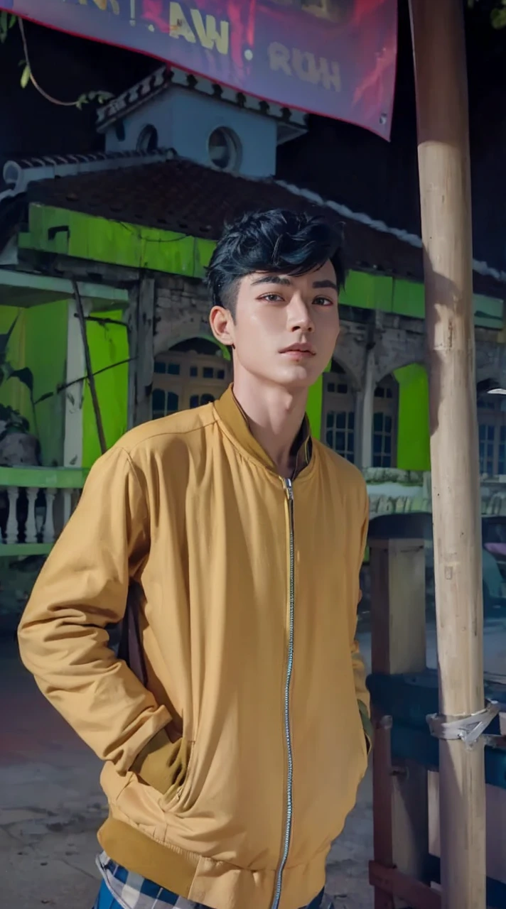 An 8k masterpiece, highest resolution, every detail, meticulous detail, depth of field, bright colors, beautiful composition: anime character Gohan impresses with his black hair and glowing eyes Beautifully detailed lighting, standing against a dark and ominous background. This handsome demon slayer is the epitome of bad guys in the fantasy art. wearing a shirt.