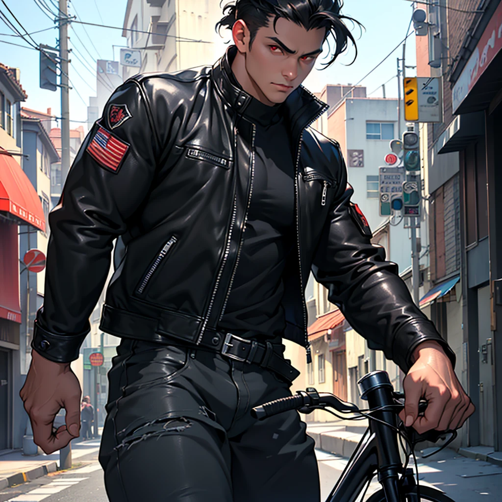 1 male, Handsome Men, Body Length 180, 20 years old, (black short hair, Street hairstyle) , ((red eyes)), realistic eyes, beautiful and sharp eyes), Men's Clothing, Biker clothing, leather jacket, muscles, (8k wallpaper), (street background) 8k, Quilty Altitude, Realistic, Beautiful realism, outstanding detail, RAW photo, Realistic clothes, Black hair, realistic hair, realistic eyes, Light and cool lighting, realistic photo, Cel shaded, Gel lighting, ultra-detail, ((Street bike riding)), (In the morning), dont make the bike