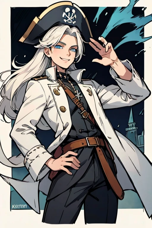 A young white haired man with blue eyes and long hair in a pirate's outfit is exploring a pirate city with a big smile at night