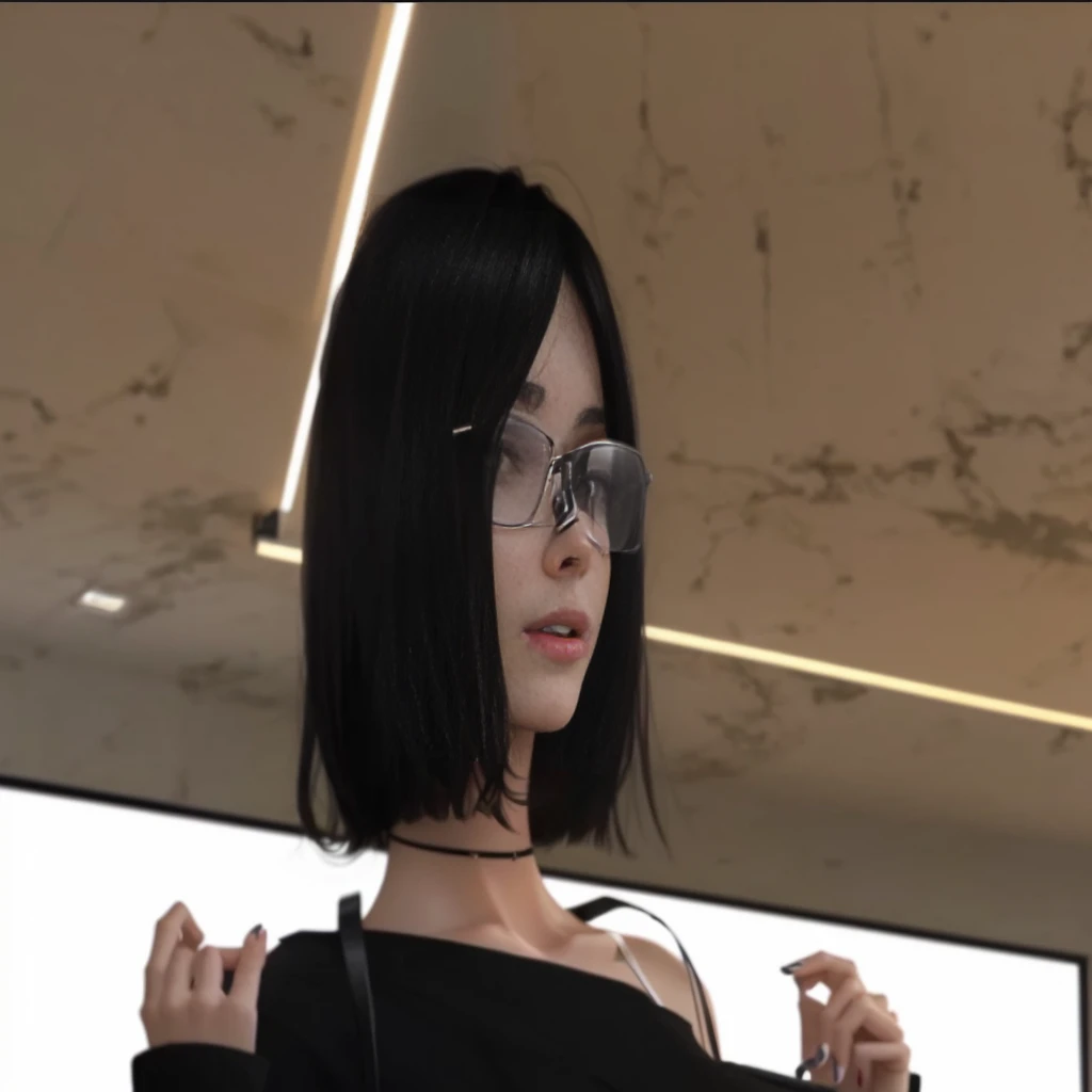 There's a woman with a top,dark hair and sex glasses