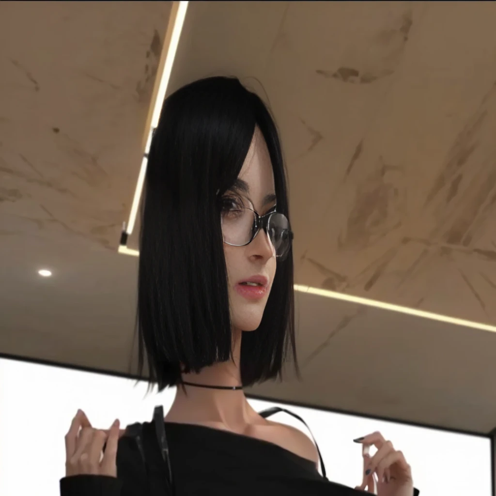 There's a woman with a top,dark hair and sex glasses