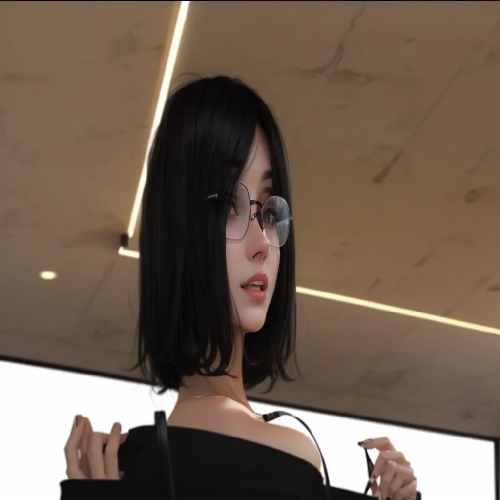 There's a woman with a top,dark hair and sex glasses