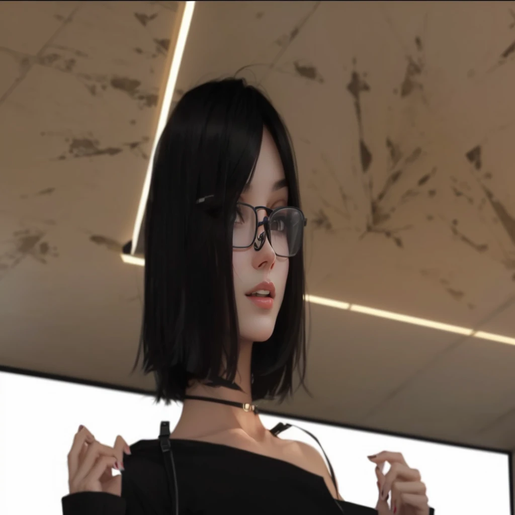 There's a woman with a top,dark hair and sex glasses