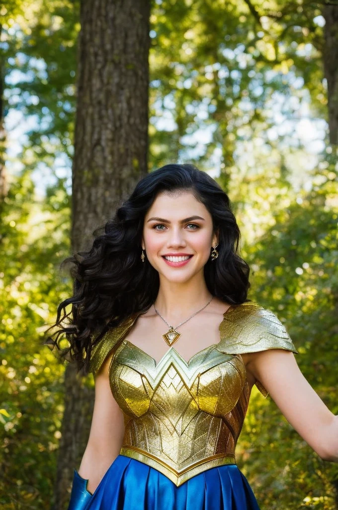 Alexandra Daddario | Female | 26 years old | Wearing the Wonder Woman costume, consisting of red and blue armor with gold details, short sleeves and a skirt. Accessories: silver tiara with stars, Triforce pendant and silver bracelets. The colors and style are faithful to the character's original appearance in the Wonder Woman comic book series. Short haircut with one side shaved and the other longer, with loose curls, in black. The shaved sides add a modern and daring touch, while the long curls add an element of sophistication. The vibrant black color is the icing on the cake, making this style truly unique. Blue eyes sparkle with joy while the radiant smile reveals the teeth, creating an expression of happiness and contentment. An enchanted forest with tall trees and thick trunks, stretching up to the sky. The dense green leaves create a natural canopy, which filters the sun's rays and creates a magical light effect. The ground is covered with a carpet of colorful flowers, which open and close at the sign of the wind. Dc Comics, Comics, Wonder Woman