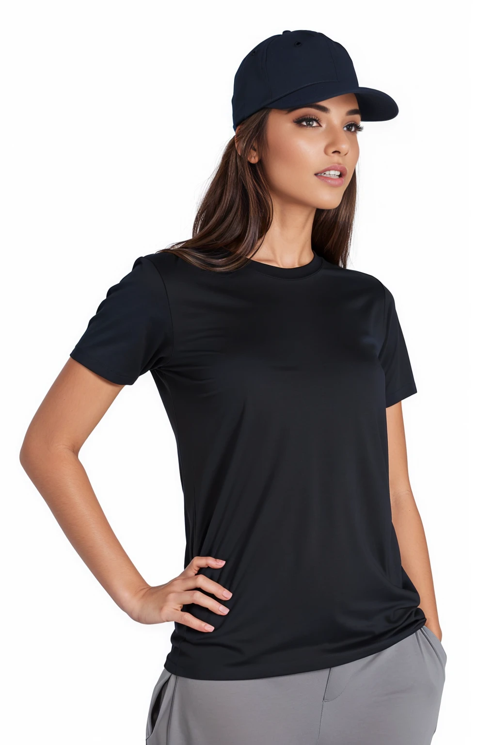 arafed woman in a black jersey and a black hat, wearing a black tee, black tee, vestindo uma black tee, vestindo black tee, wearing a black jersey, wearing a navy blue cap, black tee, black tee, black jersey, with black hat on head, full product shot, black hat