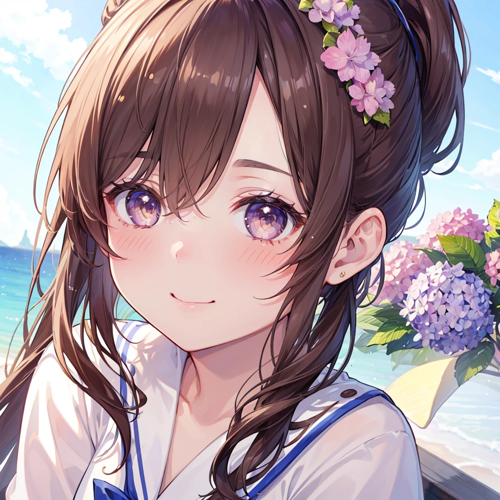 ((Best Quality、8K、masterpiece))、((One girl))、((cute))、A big smile、Blushing、Mouth open、Brown Hair、ponytail、Ultra detailed face、Ultra-detailed eyes、Ultra detailed hair、Sailor suit、hydrangea