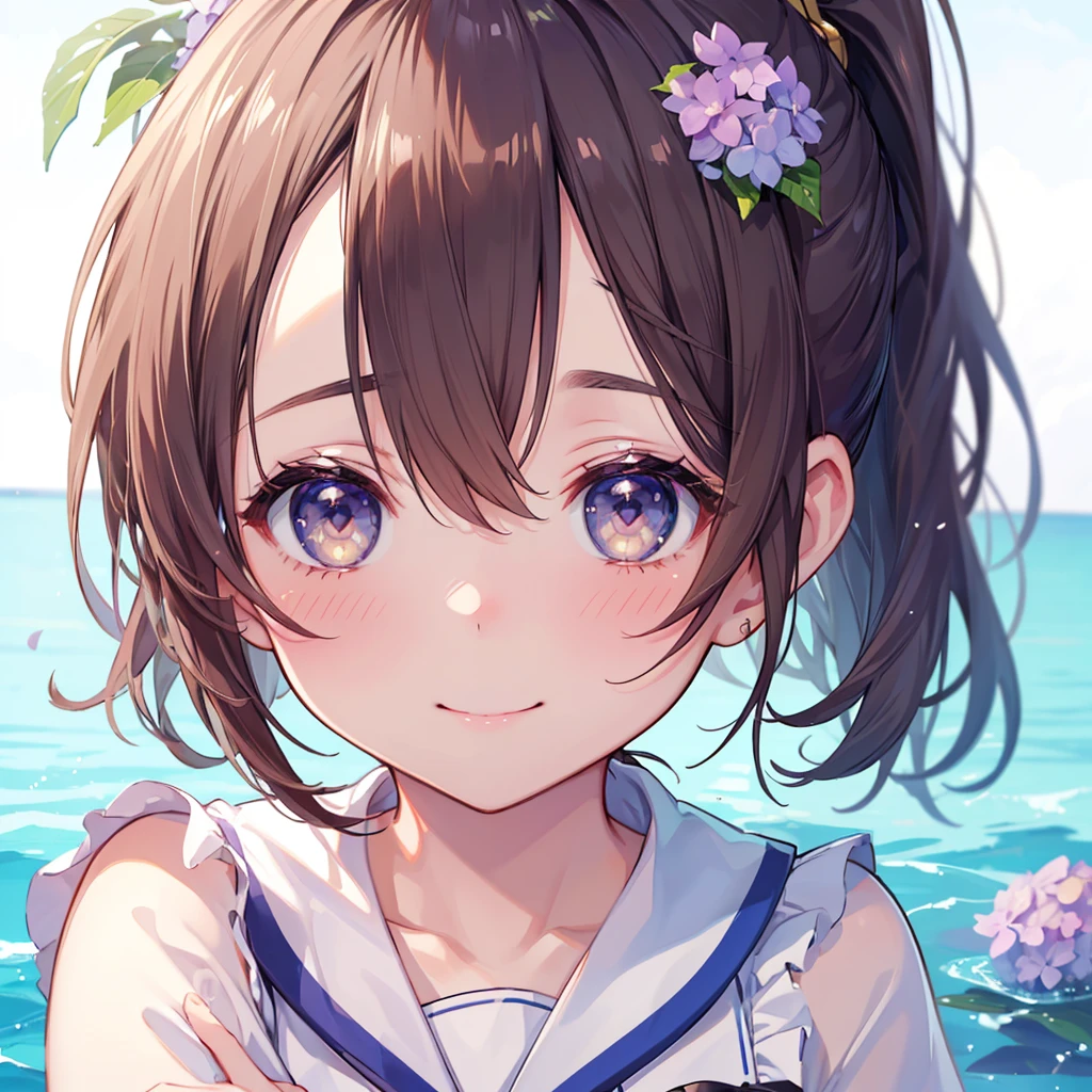 ((Best Quality、8K、masterpiece))、((One girl))、((cute))、A big smile、Blushing、Mouth open、Brown Hair、ponytail、Ultra detailed face、Ultra-detailed eyes、Ultra detailed hair、Sailor suit、hydrangea