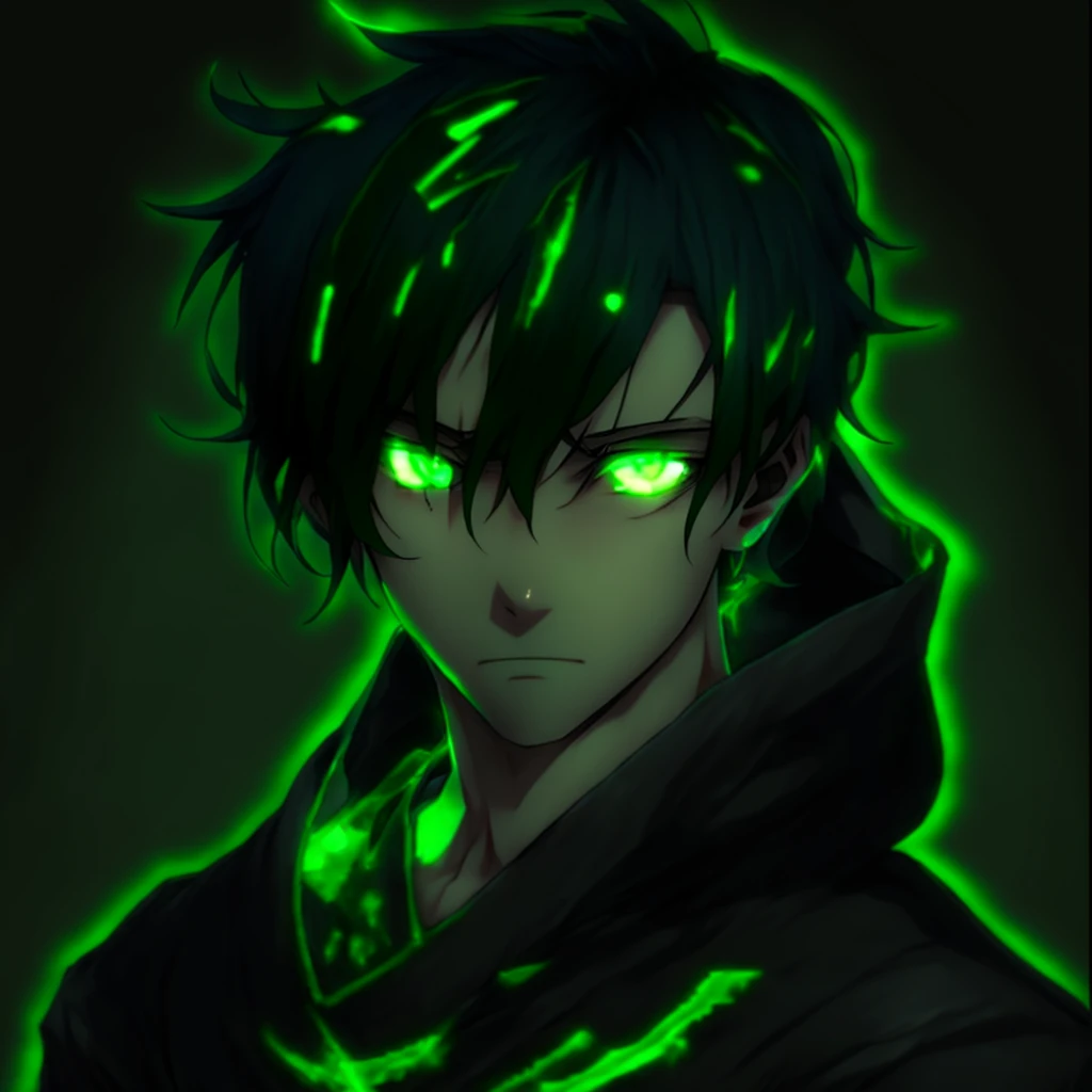 anime boy with green eyes and black hair in a dark room, with green glowing eyes, with glowing green eyes, his eyes are green and glowing, his eyes glowing green, glowing green eyes, with glowing eyes, green eyes glowing, green glowing eyes, handsome guy in demon slayer art, fully green eyes no pupils, fully green eyes,