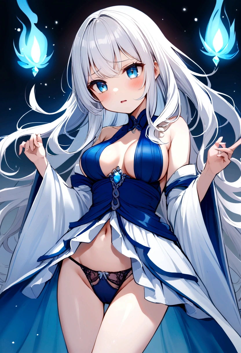 daughter, Breasts Out, witheout panties, Cunning expression, White hair, blue colored eyes 