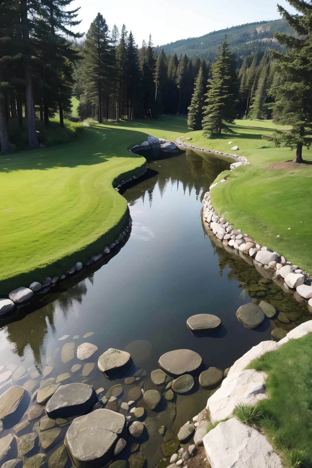 create a grass floor with rocks and lake on a white background