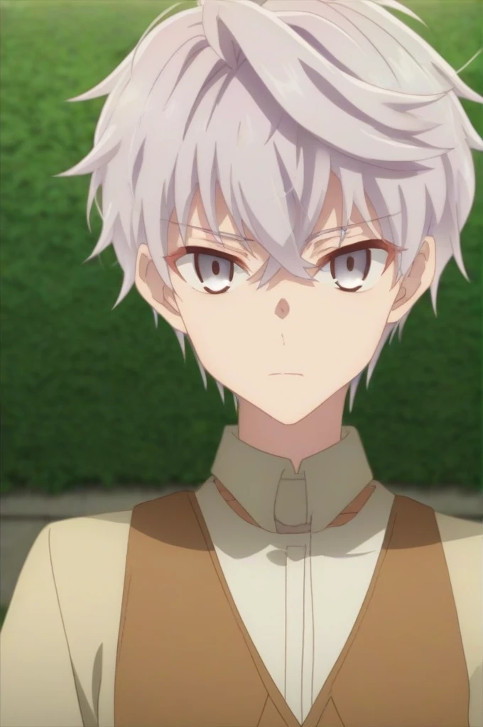 score_9, score_8_up, score_7_up, source_anime, rating_safe, intricate details, , looking at viewer, , 1boy, solo, male focus, lugh_tuatha_de, grey hair, grey eyes, short hair, hair between eyes, bangs, scarecrow costume, Walk in the park, half body photo 