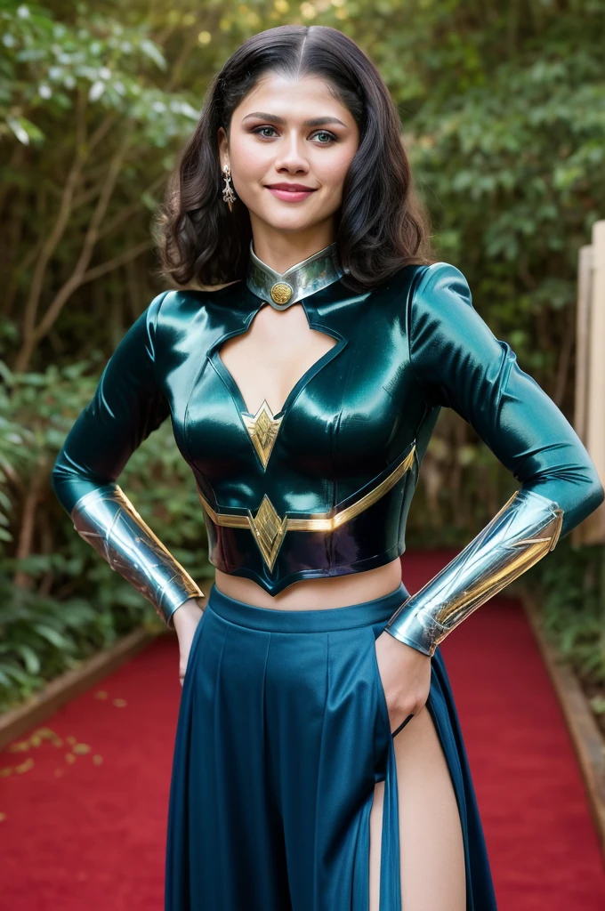 Alexandra Daddario | Female | 26 years old | Wearing the Wonder Woman costume, consisting of red and blue armor with gold details, short sleeves and a skirt. Accessories: silver tiara with stars, Triforce pendant and silver bracelets. The colors and style are faithful to the character's original appearance in the Wonder Woman comic book series. Short haircut with one side shaved and the other longer, with loose curls, in black. The shaved sides add a modern and daring touch, while the long curls add an element of sophistication. The vibrant black color is the icing on the cake, making this style truly unique. Blue eyes sparkle with joy while the radiant smile reveals the teeth, creating an expression of happiness and contentment. An enchanted forest with tall trees and thick trunks, stretching up to the sky. The dense green leaves create a natural canopy, which filters the sun's rays and creates a magical light effect. The ground is covered with a carpet of colorful flowers, which open and close at the sign of the wind. Dc Comics, Comics, Wonder Woman
