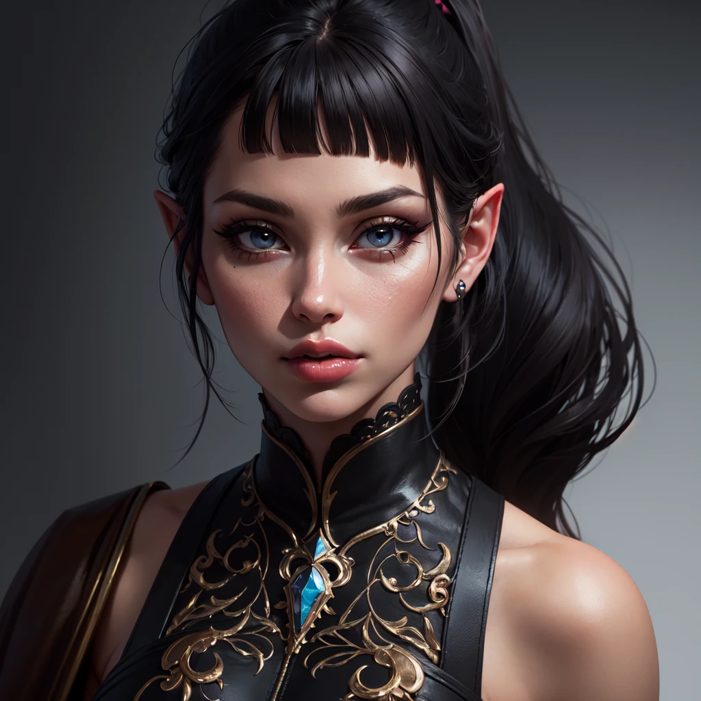 1girl, mature woman, fantasy, (black hair, long hair, blunt bangs, ponytail, fantasy black uniform, black thighhighs, skinny), pointy ears, (simple background, white background), (masterpiece:1.2), (best quality, highest quality), (ultra detailed), (8k, 4k, intricate),
big lips, (enormous lips:1.2), bimbolips, (huge lips:1.1), eyelashes, eyeliner, makeup, th3_p1t, (50mm), (highly detailed:1.2),(detailed face:1.2), detailed_eyes,(gradients),(ambient light:1.3),(cinematic composition:1.3),(HDR:1),Accent Lighting,extremely detailed,original, highres,(perfect_anatomy:1.2) 