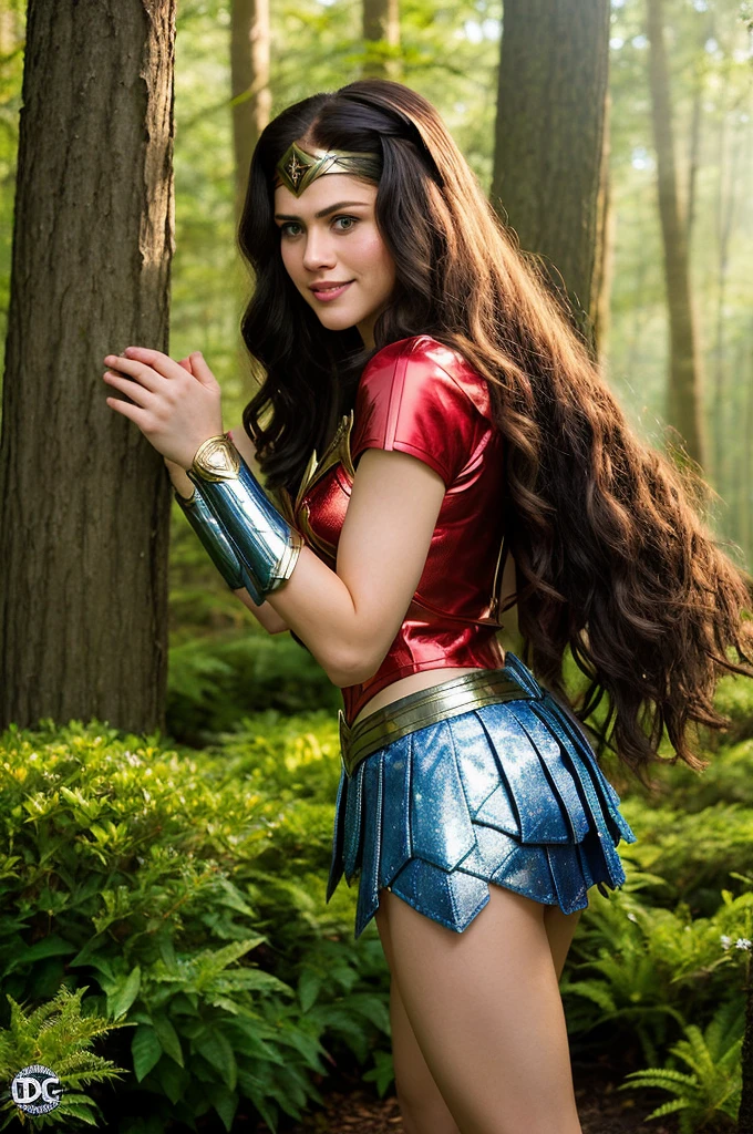 Alexandra Daddario | Female | 26 years old | Wearing the Wonder Woman costume, consisting of red and blue armor with gold details, short sleeves and a skirt. Accessories: silver tiara with stars, Triforce pendant and silver bracelets. The colors and style are faithful to the character's original appearance in the Wonder Woman comic book series. Short haircut with one side shaved and the other longer, with loose curls, in black. The shaved sides add a modern and daring touch, while the long curls add an element of sophistication. The vibrant black color is the icing on the cake, making this style truly unique. Blue eyes sparkle with joy while the radiant smile reveals the teeth, creating an expression of happiness and contentment. An enchanted forest with tall trees and thick trunks, stretching up to the sky. The dense green leaves create a natural canopy, which filters the sun's rays and creates a magical light effect. The ground is covered with a carpet of colorful flowers, which open and close at the sign of the wind. Dc Comics, Comics, Wonder Woman
