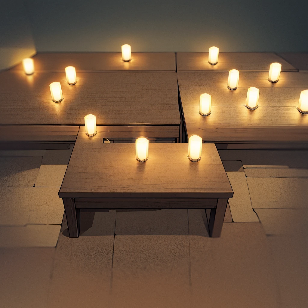 I need you to make a room in manga style. Like a Japanese classroom. In the center of it there is a wooden chair, a large table in front, the illuminations are blue candles