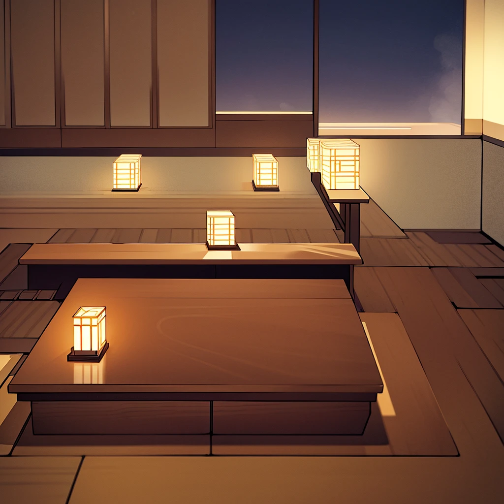 I need you to make a room in manga style. Like a Japanese classroom. In the center of it there is a wooden chair, a large table in front, the illuminations are blue candles 