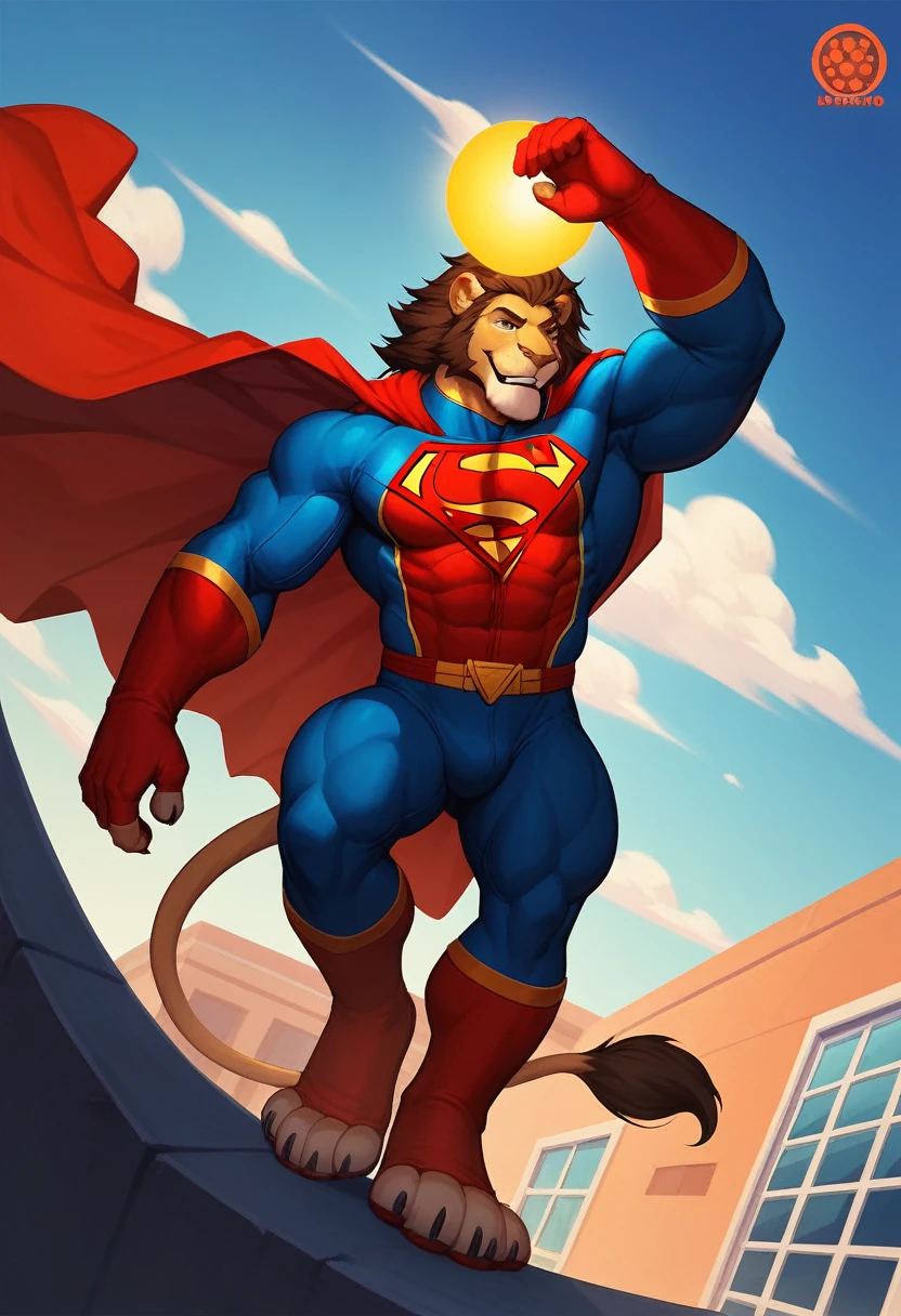 It was an evening when the sun painted the sky with its orange glow. A man stood on the rooftop, dressed in a unique outfit that was a combination of Superman and a lion. The suit featured a lion's mane design around the shoulders and gloves resembling lion's paws. The iconic Superman logo gleamed on his chest, surrounded by patterns that evoked the strength and majesty of a lion. This male character, embodying the power of both a superhero and a lion, stood tall and resolute, ready to protect the world with unmatched courage and determination.