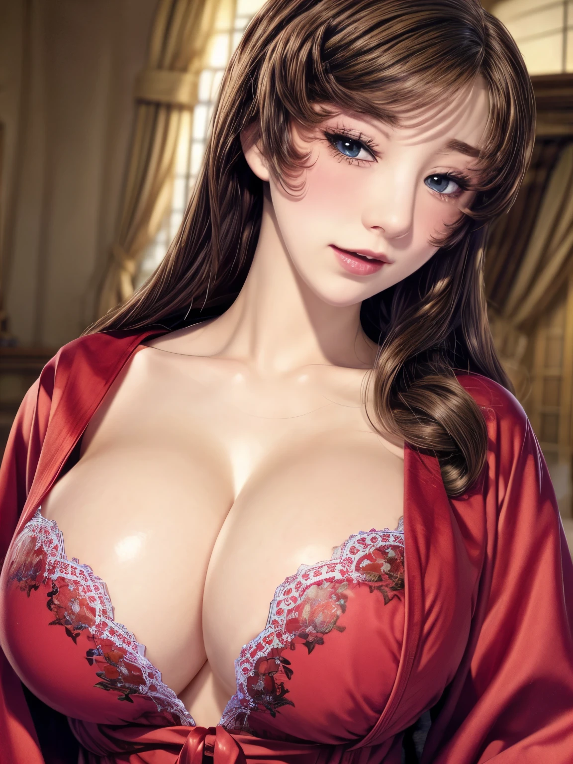 (masterpiece, best quality: 1.2),1 Woman, Exquisite eyes,， （（bathrobe））Natural breasts（Red lace underwear，）（HD）（（best quality））， （（Surrealism））