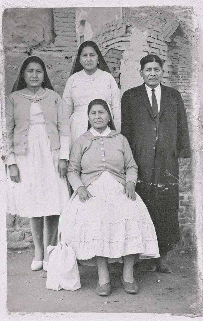 Arafed photograph of a family posing for a photo in front of a brick wall., historic photo, Location unknown, 1960 photo, restored photo, historical image, bolivian cholitas, very famous photo, grainy damaged photo, historic photograph, very grainy image, old photo, old painting, grainy image, historic photo, aged photo