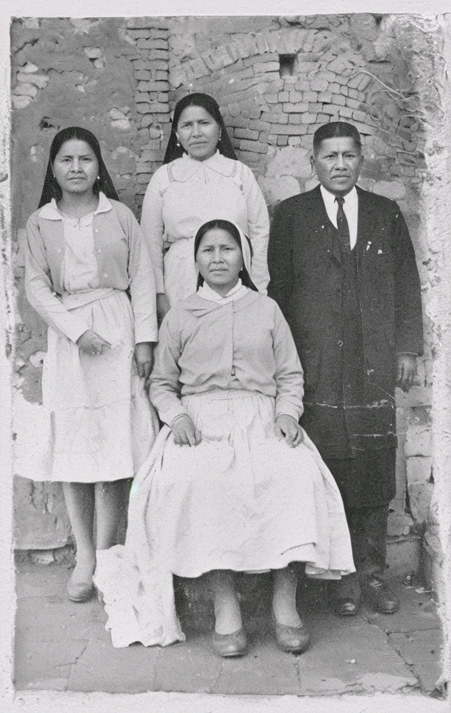 Arafed photograph of a family posing for a photo in front of a brick wall., historic photo, Location unknown, 1960 photo, restored photo, historical image, bolivian cholitas, very famous photo, grainy damaged photo, historic photograph, very grainy image, old photo, old painting, grainy image, historic photo, aged photo