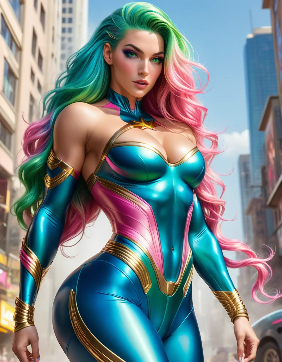 GORGEOUS superhero WOMAN , TALL WOMAN BODY, TALL WOMAN, STRONG CURVY ATHLETIC BODY, MUSCLES, BLUE PINK COSTUME, THONG BODYSUIT, GOLD DETAILS, EXPOSED GORGEOUS THIGHS, SWEATY GLUTES, STRONG GLUTES, GOLD TENIS, GOLD GAUNTLETS, HUGE LONG BLUE GREEN PINK HAIR, HAIR, BRAIDED HAIR STYLE, EXPRESSIVE LIGHT YELLOW EYES, HIGH CHEEKBONE, ROSY CHEEKS, STRAPLESS BODYSUIT, FULL BODY PERSPECTIVE, SIDE BODY VIEW, WAR CENARY, SENSUALITY, MITHOLOGY, MASTERPIECE