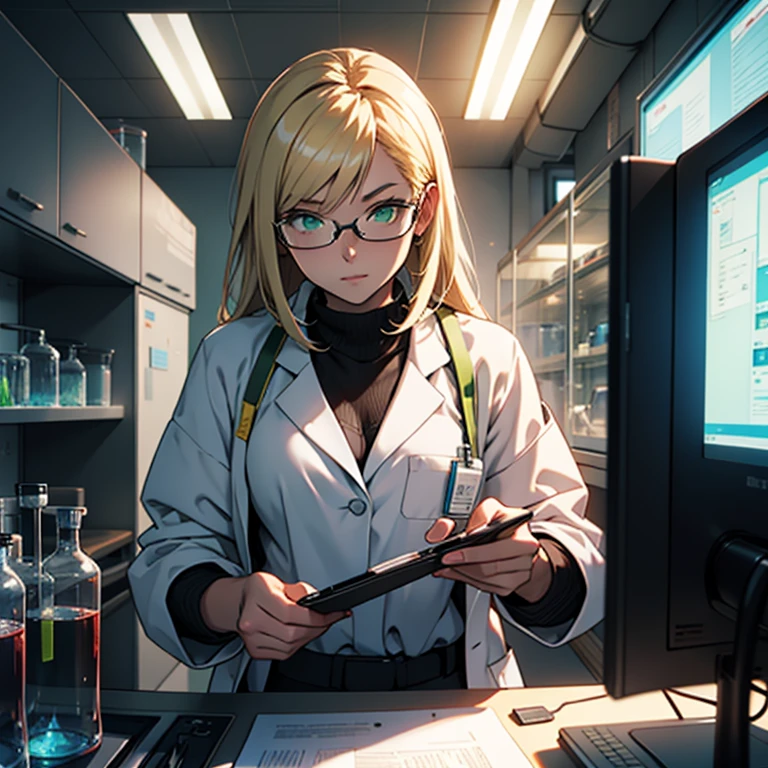 lab, young female, scientist, lab coat, blonde hair, call, futuristic, anime, ray tracing, ultra hd, masterpiece, high resolution, tech, single, glasses, green eyes