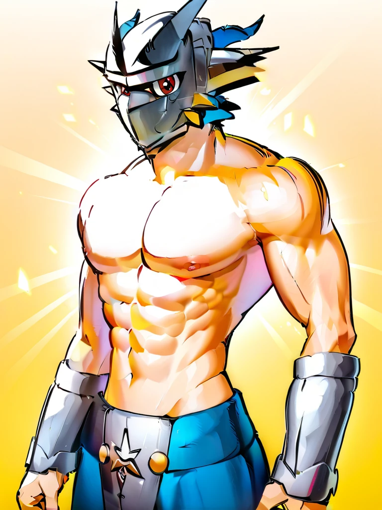 solo,angry ,Magnamon,tall,(musclar:1.5),blue and white skin,(battle damaged:1.5),(topless Magnamon:2),(armor fragments:1.5),(shirtless:1.5), fighting_stance, in desert ,full_shot
