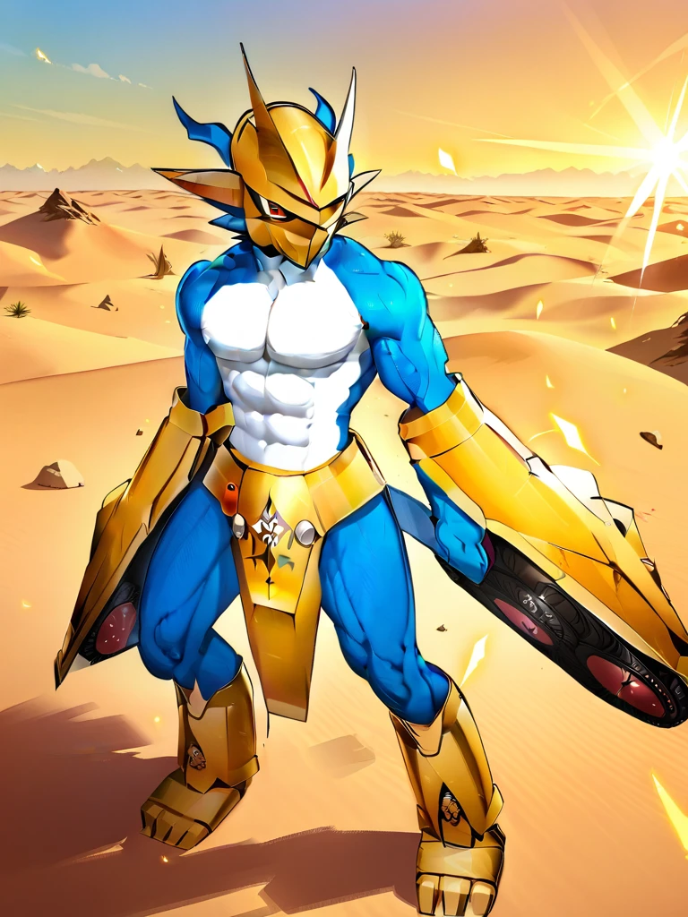 solo,angry ,Magnamon,tall,（musclar：1.5）,blue and white skin,(battle damaged:1.5),(topless Magnamon:2),(armor fragments:1.5),(shirtless:1.5), fighting_stance, in desert ,full_shot
