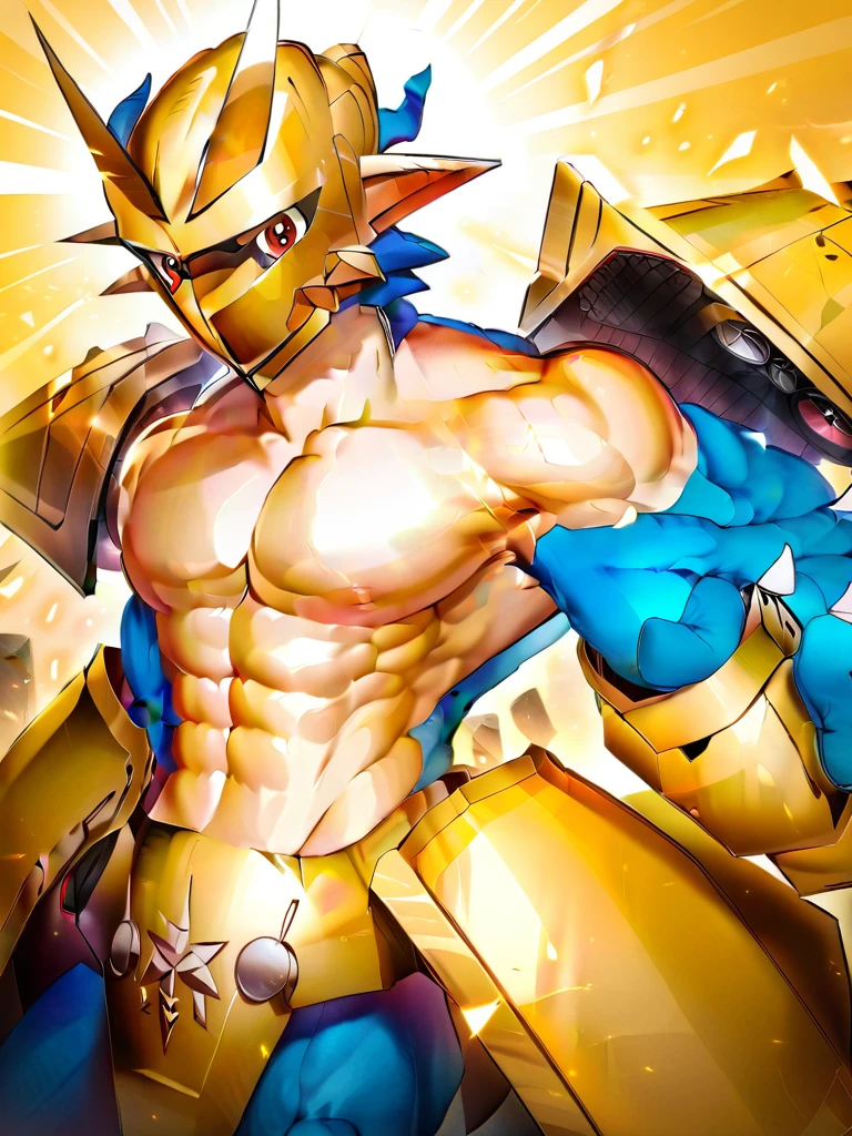 solo,angry ,Magnamon,tall,（musclar：1.5）,blue and white skin,(battle damaged:1.5),(topless Magnamon:2),(armor fragments:1.5),(shirtless:1.5), fighting_stance, in desert ,full_shot
