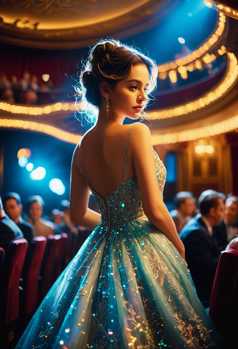 Evening Dress, theater, by Greg Manchess and Brandon Woelfel, 35mm photograph, bokeh, best quality, masterpiece, very aesthetic, perfect composition, intricate details, ultra-detailed