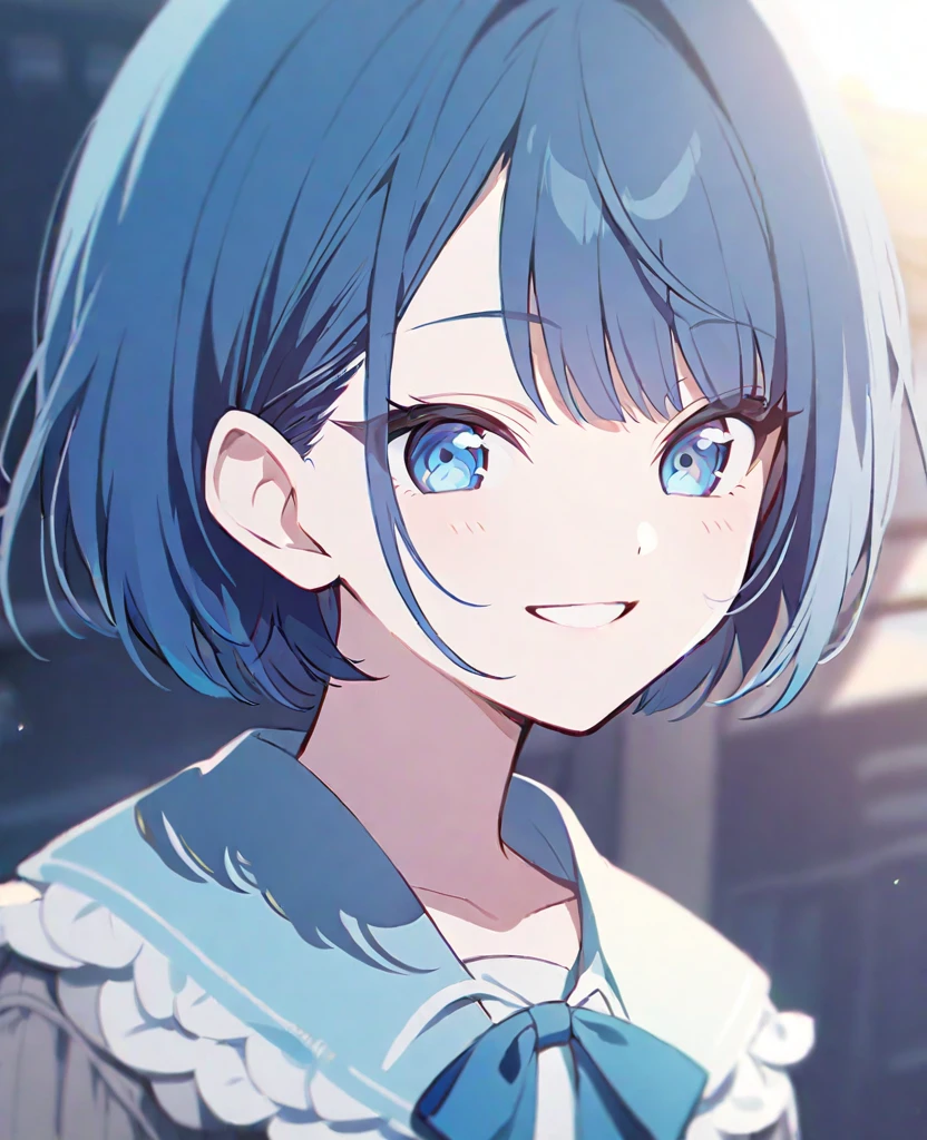 One girl,alone,kiritani haruka,Blue Hair,Blue Eyes,project sekai,Short Hair,cute,cute,smile,