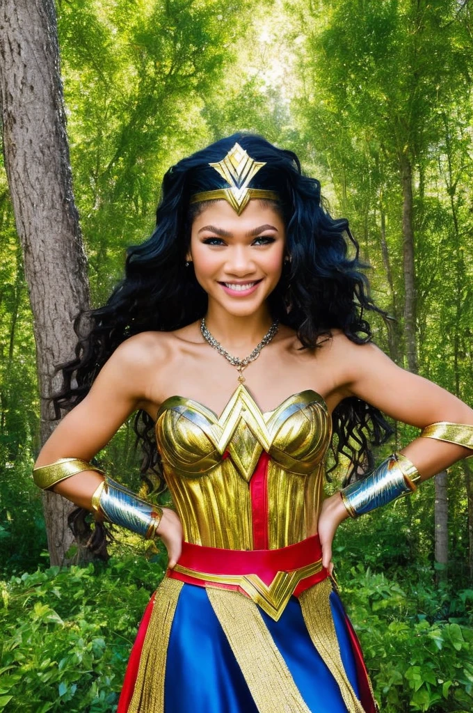 zendaya | Female | 26 years old | Wearing the Wonder Woman costume, consisting of red and blue armor with gold details, short sleeves and a skirt. Accessories: silver tiara with stars, Triforce pendant and silver bracelets. The colors and style are faithful to the character's original appearance in the Wonder Woman comic book series. Short haircut with one side shaved and the other longer, with loose curls, in black. The shaved sides add a modern and daring touch, while the long curls add an element of sophistication. The vibrant black color is the icing on the cake, making this style truly unique. Blue eyes sparkle with joy while the radiant smile reveals the teeth, creating an expression of happiness and contentment. An enchanted forest with tall trees and thick trunks, stretching up to the sky. The dense green leaves create a natural canopy, which filters the sun's rays and creates a magical light effect. The ground is covered with a carpet of colorful flowers, which open and close at the sign of the wind. Dc Comics, Comics, Wonder Woman