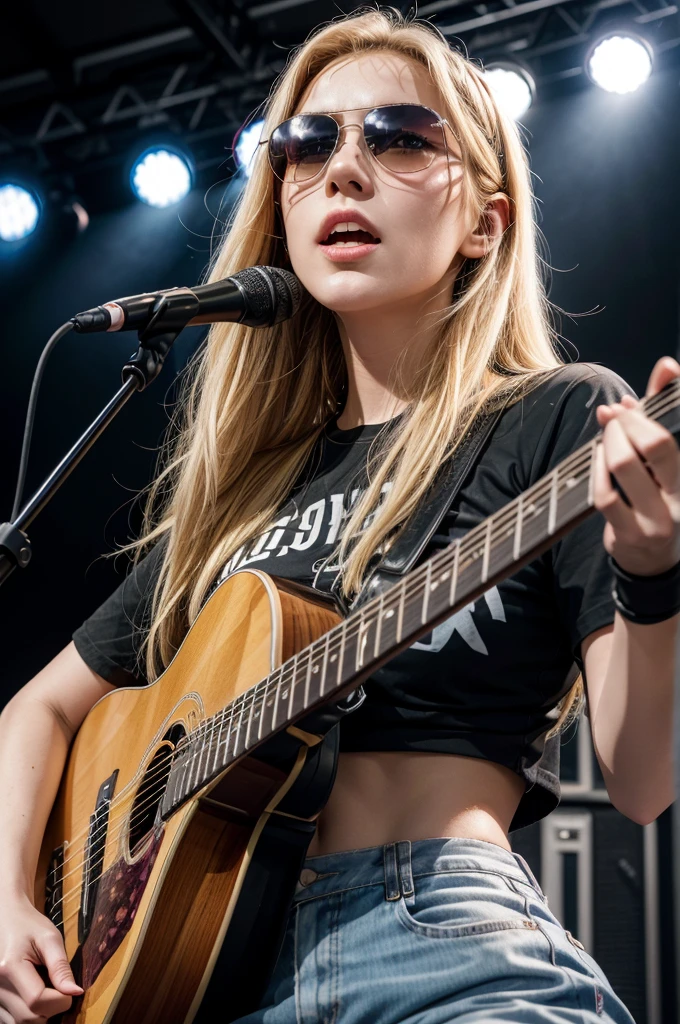 A beautiful blonde German woman, 30 years old, playing guitar on stage at a rock concert, wearing sunglasses, detailed face and eyes, long hair, photorealistic, high resolution, cinematic lighting, dynamic rock concert scene, vibrant colors, dramatic atmosphere