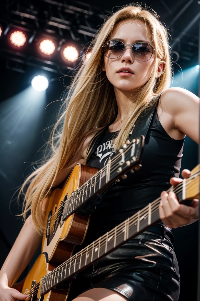 A beautiful blonde German woman, 30 years old, playing guitar on stage at a rock concert, wearing sunglasses, detailed face and eyes, long hair, photorealistic, high resolution, cinematic lighting, dynamic rock concert scene, vibrant colors, dramatic atmosphere