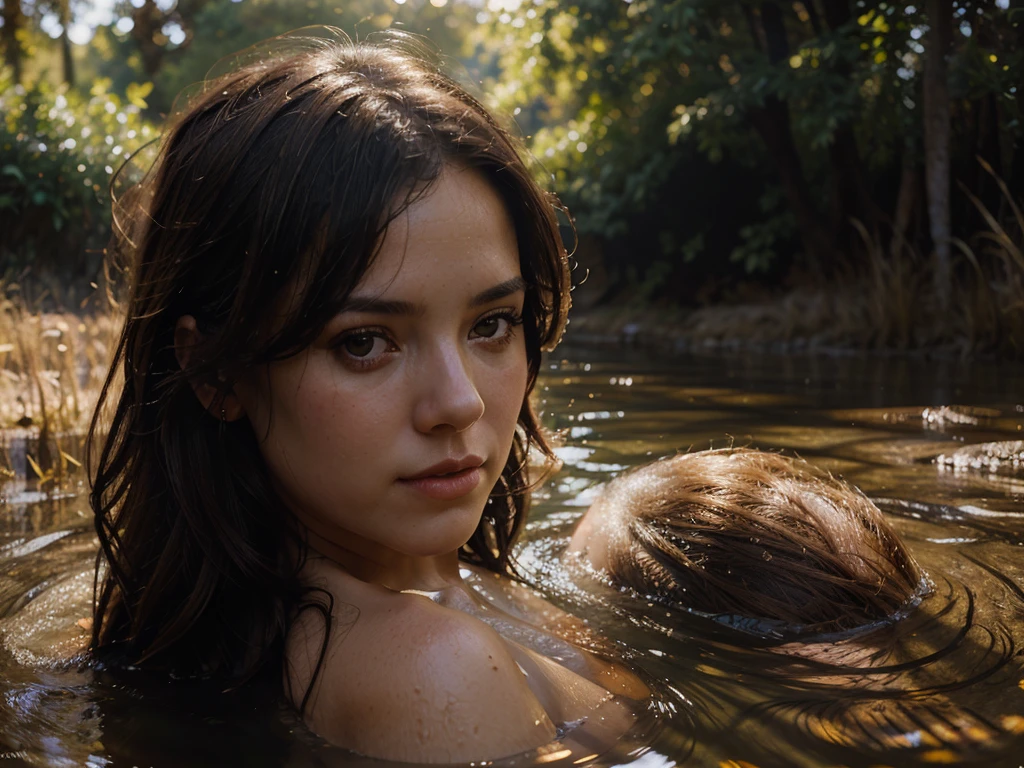 close up portrait of a cute woman (gldot) bathing in a river, reeds, (backlighting), realistic, masterpiece, highest quality, lens flare, shade, bloom, [[chromatic aberration]], by Jeremy Lipking, by Antonio J. Manzanedo, digital painting,