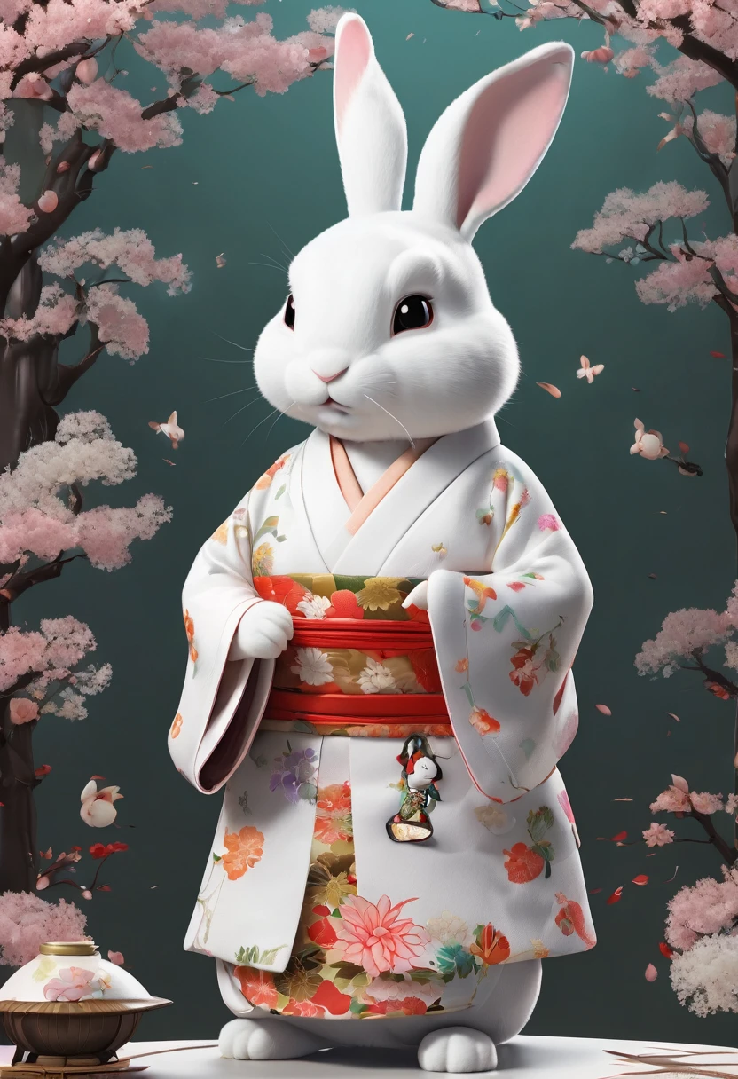 Cute white rabbit３D Image、wear Kimono、Think of something fun、Bring happiness、The background is a shrine
