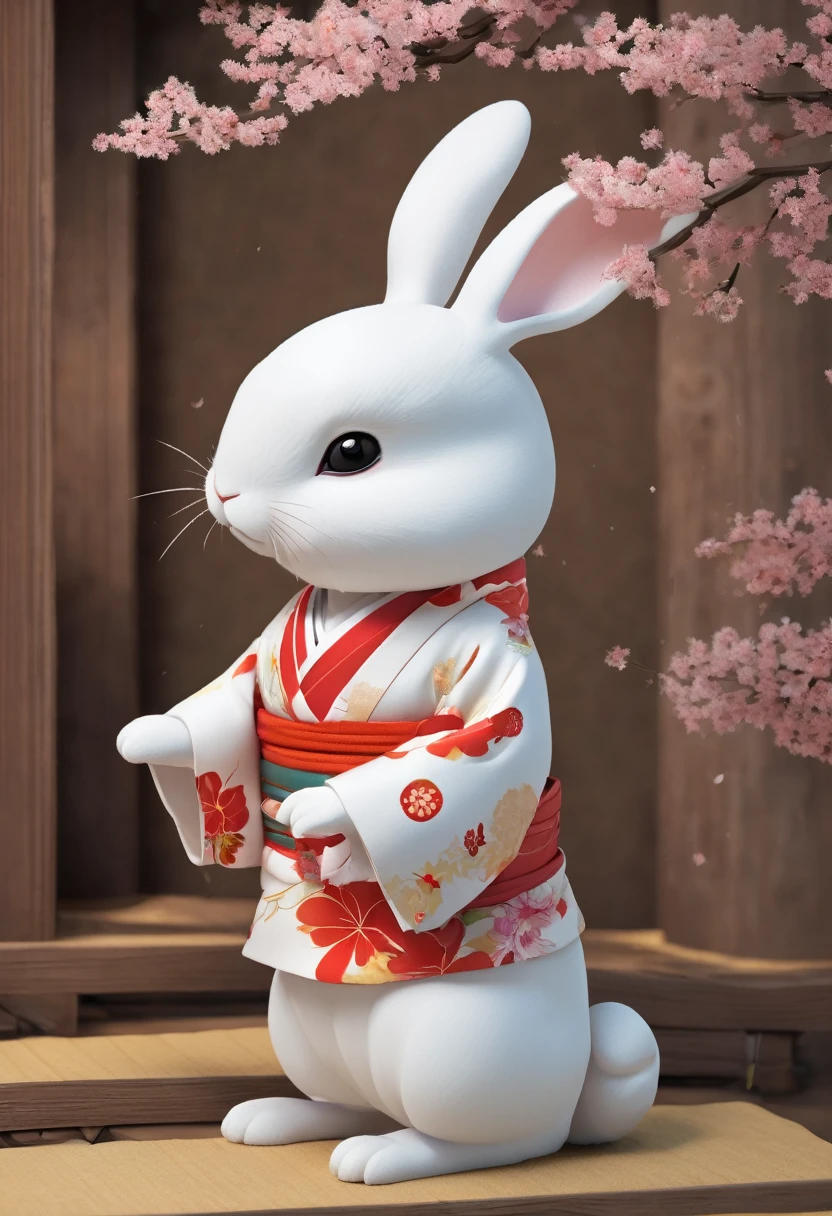 Cute white rabbit３D Image、wear Kimono、Think of something fun、Bring happiness、The background is a shrine