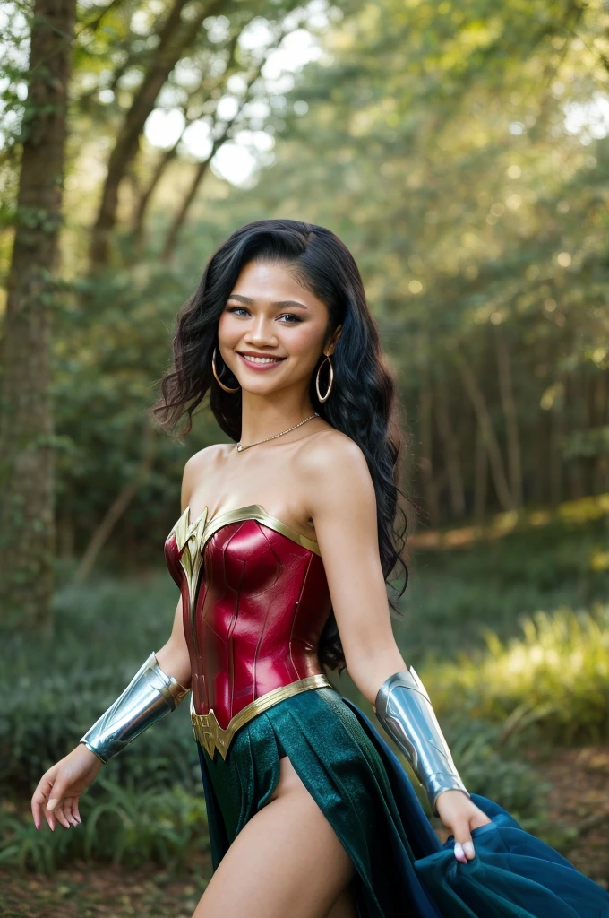 zendaya | Female | 26 years old | Wearing the Wonder Woman costume, consisting of red and blue armor with gold details, short sleeves and a skirt. Accessories: silver tiara with stars, Triforce pendant and silver bracelets. The colors and style are faithful to the character's original appearance in the Wonder Woman comic book series. Short haircut with one side shaved and the other longer, with loose curls, in black. The shaved sides add a modern and daring touch, while the long curls add an element of sophistication. The vibrant black color is the icing on the cake, making this style truly unique. Blue eyes sparkle with joy while the radiant smile reveals the teeth, creating an expression of happiness and contentment. An enchanted forest with tall trees and thick trunks, stretching up to the sky. The dense green leaves create a natural canopy, which filters the sun's rays and creates a magical light effect. The ground is covered with a carpet of colorful flowers, which open and close at the sign of the wind. Dc Comics, Comics, Wonder Woman
