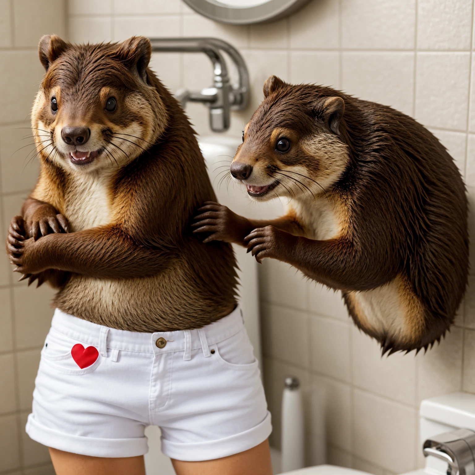 Cute beaver photo, in bathroom, wearing white shorts with red hearts, smiling, 1 beaver